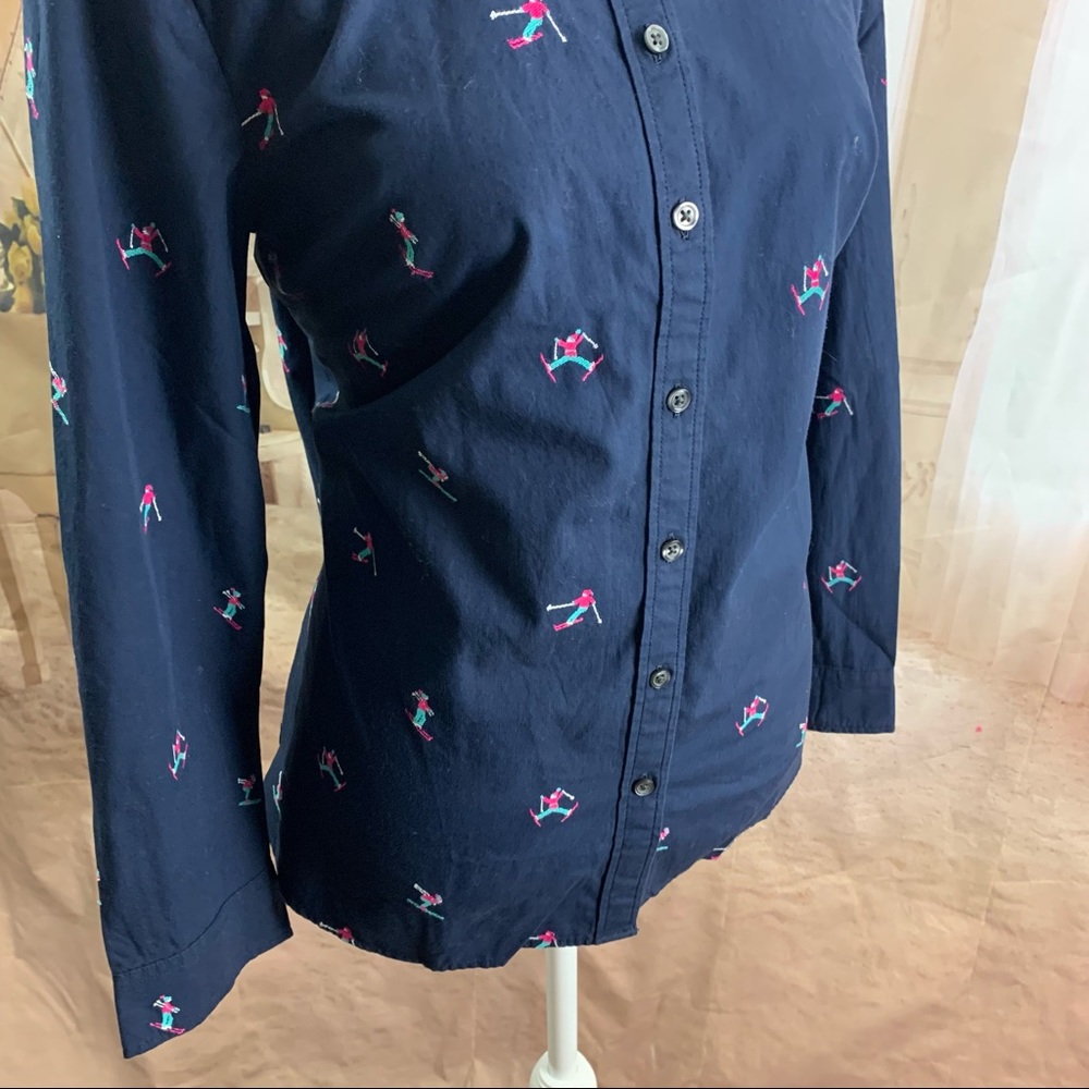 NEW Talbots Navy Embroidered Ski Print Button Down Shirt - Picture 6 of 10